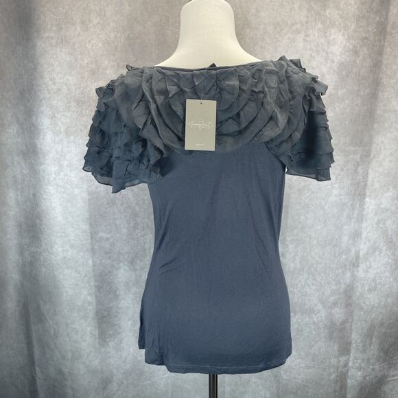 Deletta Anthropologie Women's Crew Neck Lace Grey Top Ruffle Sleeve Size M NWT - Picture 4 of 6